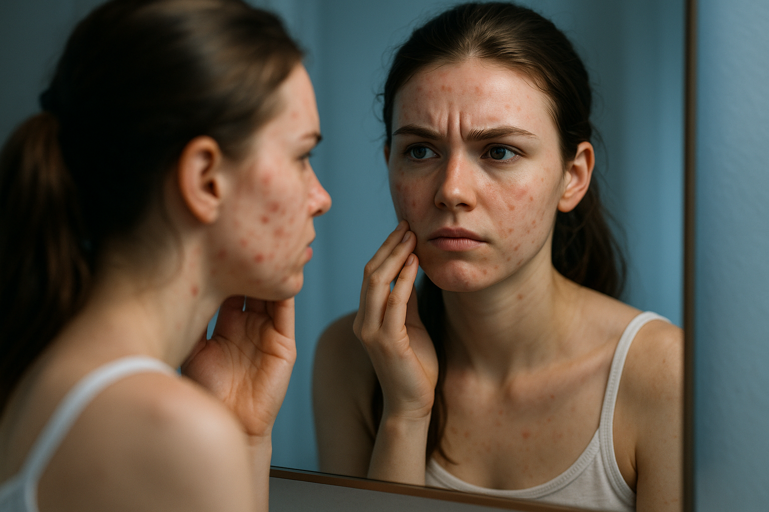 Une jeune femme d'une vingtaine d'années au visage frustré par une acné tenace, regardant son reflet dans un miroir avec une expression de déception et de désir de changement, sa peau montrant des imperfections visibles mais son regard déterminé vers une peau nette et lumineuse ; éclairage doux avec accents de bleu apaisant, composition en règle des tiers, photoréaliste haute résolution, ambiance aspirationnelle et confiante, sans texte.