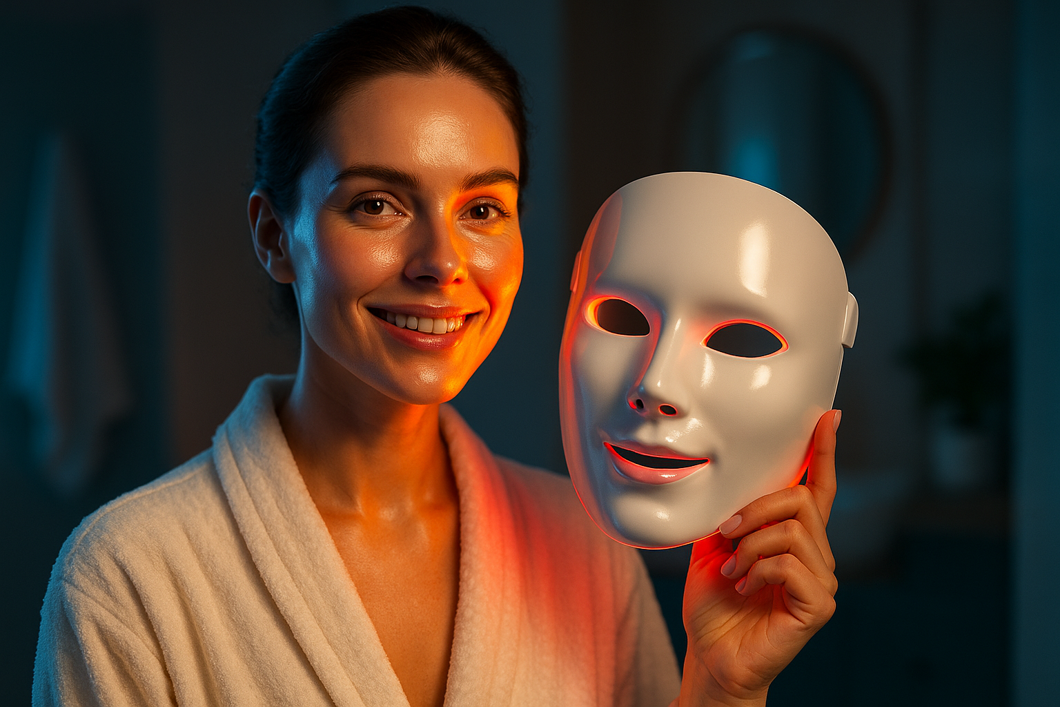 Une femme d'une trentaine d'années au visage radieux et confiant, illuminée par une douce lumière LED rouge, bleue et jaune qui baigne sa peau lisse et éclatante, reflétant une transformation aspirationnelle vers une peau parfaite et saine ; elle tient un masque LED moderne, expression de soulagement et d'empowerment, fond flou d'une salle de bain cosy avec accents de bleu apaisant, photoréaliste haute résolution, éclairage dramatique avec rim light soulignant les contours du visage, composition en règle des tiers centrant le sujet sans coupure, ambiance professionnelle et rassurante, sans texte.