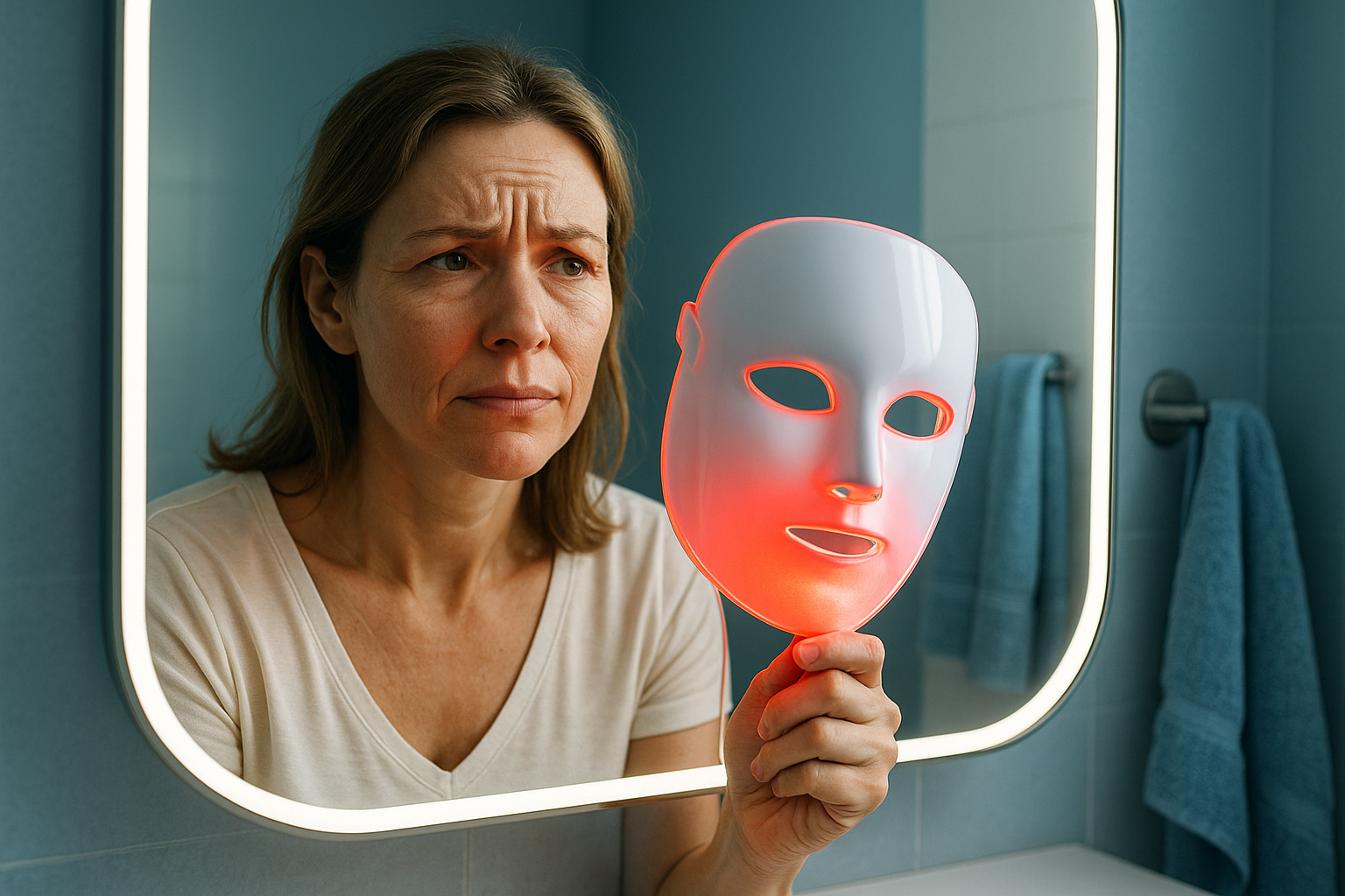 Une femme d'une quarantaine d'années, au visage marqué par des rides profondes sur le front et autour des yeux, exprime une frustration mêlée d'espoir en regardant son reflet dans un miroir moderne et lumineux dans une salle de bain élégante et épurée. Elle tient un masque de luminothérapie LED rouge près de son visage, avec une lumière douce émanant de l'appareil qui illumine sa peau, suggérant un renouveau et une peau plus lisse et élastique. Ambiance aspirationnelle et positive, photoréaliste haute résolution, éclairage naturel avec accents de bleu apaisant sur les murs et serviettes, composition selon la règle des tiers avec le visage centré, contrastes forts pour un impact vignette YouTube, expression faciale claire de détermination sceptique transformée en confiance.