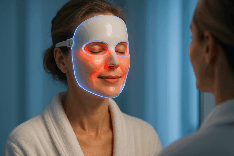 Une femme d'une quarantaine d'années au teint radieux et à la peau lisse, rayonnant de confiance devant un miroir, portant un masque de luminothérapie LED qui émet une douce lueur rouge et bleue sur son visage, expression de sérénité et de renouveau, éclairage doux avec accents de bleu apaisant, composition en règle des tiers centrée sur son visage serein, photoréaliste haute résolution, ambiance aspirationnelle et naturelle pour un anti-âge sans effort.