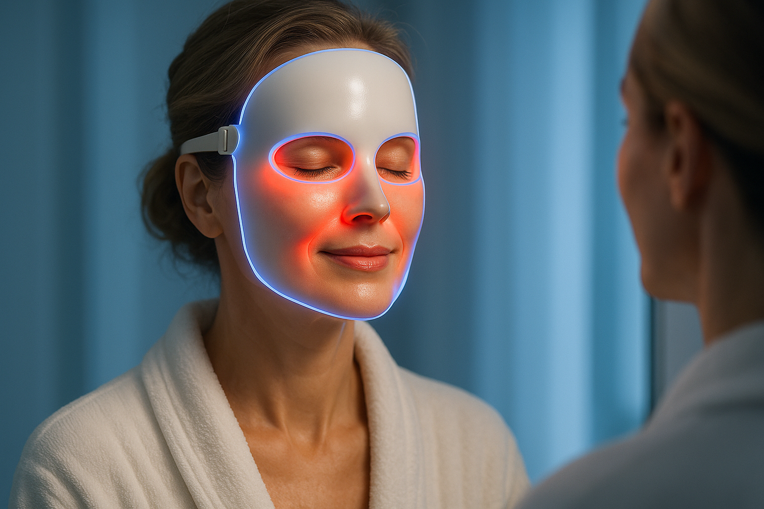 Une femme d'une quarantaine d'années au teint radieux et à la peau lisse, rayonnant de confiance devant un miroir, portant un masque de luminothérapie LED qui émet une douce lueur rouge et bleue sur son visage, expression de sérénité et de renouveau, éclairage doux avec accents de bleu apaisant, composition en règle des tiers centrée sur son visage serein, photoréaliste haute résolution, ambiance aspirationnelle et naturelle pour un anti-âge sans effort.