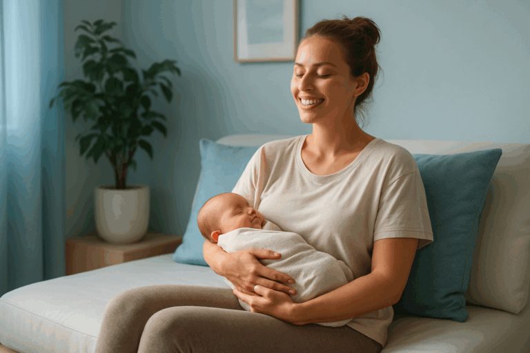 Une jeune maman rayonnante et sereine, assise confortablement dans un cadre lumineux et apaisant d'un centre bien-être, avec des nuances de bleu doux en accent sur les coussins et les murs, portant une tenue confortable et neutre comme un legging et un haut ample, tenant tendrement son bébé emmailloté contre elle, un sourire de soulagement et de vitalité sur le visage, éclairage naturel doux avec une rim light soulignant son expression d'apaisement après une séance de pressothérapie, composition en règle des tiers avec l'espace libre autour pour un impact visuel captivant, photoréalisme haute résolution sans texte.