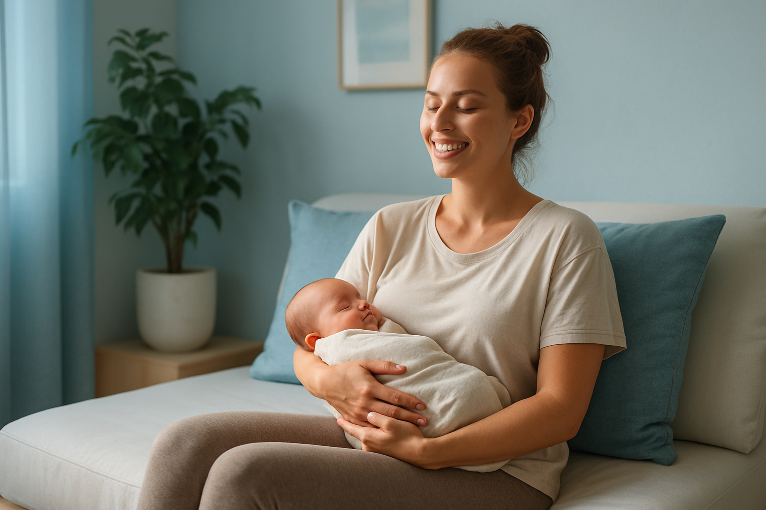 Une jeune maman rayonnante et sereine, assise confortablement dans un cadre lumineux et apaisant d'un centre bien-être, avec des nuances de bleu doux en accent sur les coussins et les murs, portant une tenue confortable et neutre comme un legging et un haut ample, tenant tendrement son bébé emmailloté contre elle, un sourire de soulagement et de vitalité sur le visage, éclairage naturel doux avec une rim light soulignant son expression d'apaisement après une séance de pressothérapie, composition en règle des tiers avec l'espace libre autour pour un impact visuel captivant, photoréalisme haute résolution sans texte.