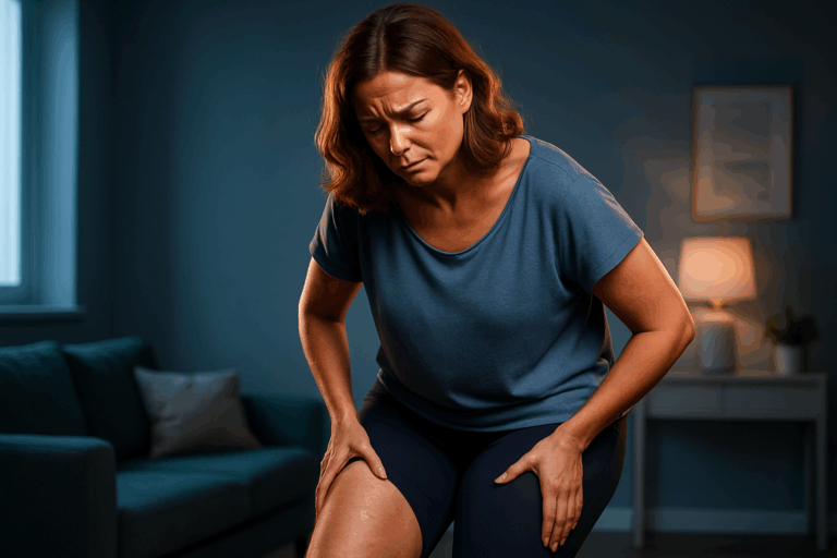 Une femme de 40 ans, au milieu d'une pièce moderne et lumineuse avec des tons bleus apaisants, exprime une frustration visible en regardant ses jambes lourdes et marquées par la cellulite, vêtue d'une tenue décontractée et élégante comme un legging et un haut ample, posture légèrement courbée pour souligner son malaise quotidien, expression faciale mêlant déception et espoir pour une silhouette affinée, éclairage dramatique avec rim light pour un impact vignette YouTube, photoréaliste haute résolution, composition en règle des tiers avec espace autour du sujet principal, textures réalistes de la peau et des vêtements.