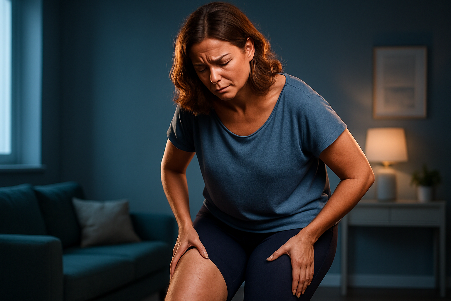 Une femme de 40 ans, au milieu d'une pièce moderne et lumineuse avec des tons bleus apaisants, exprime une frustration visible en regardant ses jambes lourdes et marquées par la cellulite, vêtue d'une tenue décontractée et élégante comme un legging et un haut ample, posture légèrement courbée pour souligner son malaise quotidien, expression faciale mêlant déception et espoir pour une silhouette affinée, éclairage dramatique avec rim light pour un impact vignette YouTube, photoréaliste haute résolution, composition en règle des tiers avec espace autour du sujet principal, textures réalistes de la peau et des vêtements.
