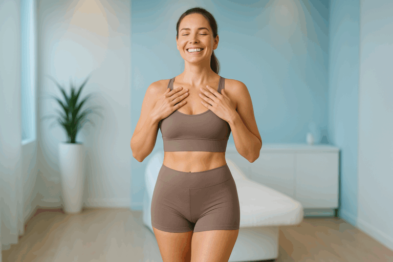 Une femme d'une trentaine d'années, au visage rayonnant de confiance et de soulagement, debout dans un cadre lumineux et serein d'un institut de bien-être moderne, portant une tenue de sport confortable et élégante, ses jambes lisses et toniques mises en valeur par un éclairage doux avec des nuances de bleu apaisantes en arrière-plan, composition respectant la règle des tiers avec le sujet centré et de l'espace autour, photoréaliste haute résolution, expression d'émotion positive et aspirationnelle capturant le désir d'une peau affinée et allégée après un traitement efficace contre la cellulite, sans aucun texte visible.