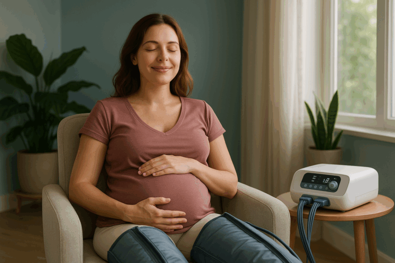 Une femme enceinte de 30 ans, sereine et radieuse, assise confortablement dans un salon de bien-être moderne aux tons bleus apaisants, avec une machine de pressothérapie aux jambes, exprimant un soulagement profond et une légèreté retrouvée, éclairage doux naturel filtrant par une grande fenêtre, composition en règle des tiers avec son visage centré, photoréaliste haute résolution, ambiance rassurante et aspirationnelle, sans aucun texte.