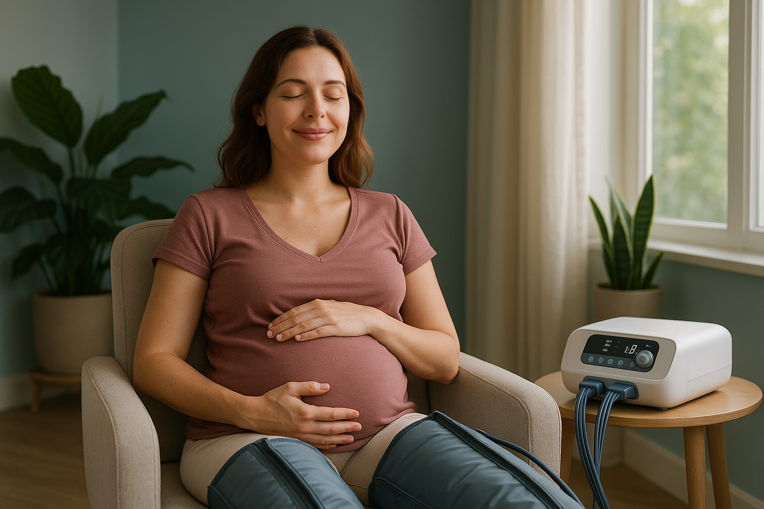 Une femme enceinte de 30 ans, sereine et radieuse, assise confortablement dans un salon de bien-être moderne aux tons bleus apaisants, avec une machine de pressothérapie aux jambes, exprimant un soulagement profond et une légèreté retrouvée, éclairage doux naturel filtrant par une grande fenêtre, composition en règle des tiers avec son visage centré, photoréaliste haute résolution, ambiance rassurante et aspirationnelle, sans aucun texte.