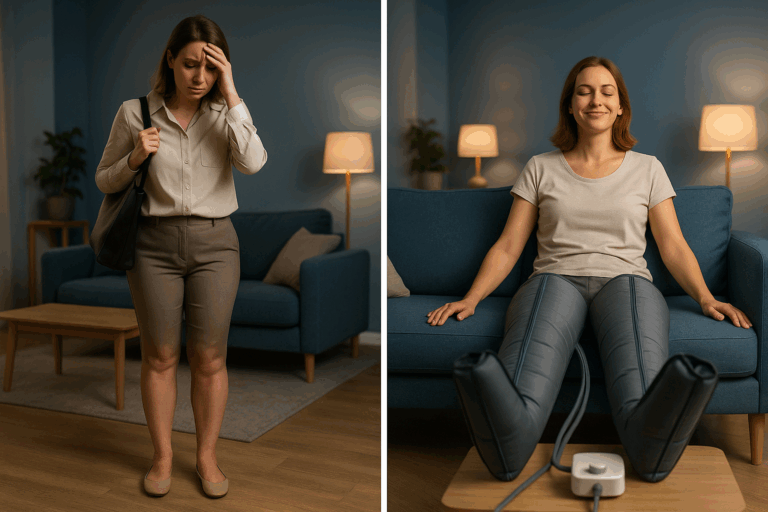 Une femme d'une trentaine d'années, épuisée après une longue journée de travail, rentre chez elle avec des jambes visiblement gonflées et lourdes, mais son expression se transforme en soulagement total après une session de pressothérapie : elle est assise confortablement, les jambes détendues et légères, un sourire serein sur le visage, dans un salon moderne aux tons bleus apaisants, éclairage doux avec une rim light soulignant son bien-être retrouvé, composition en règle des tiers, photoréaliste haute résolution, ambiance aspirationnelle de détente quotidienne.