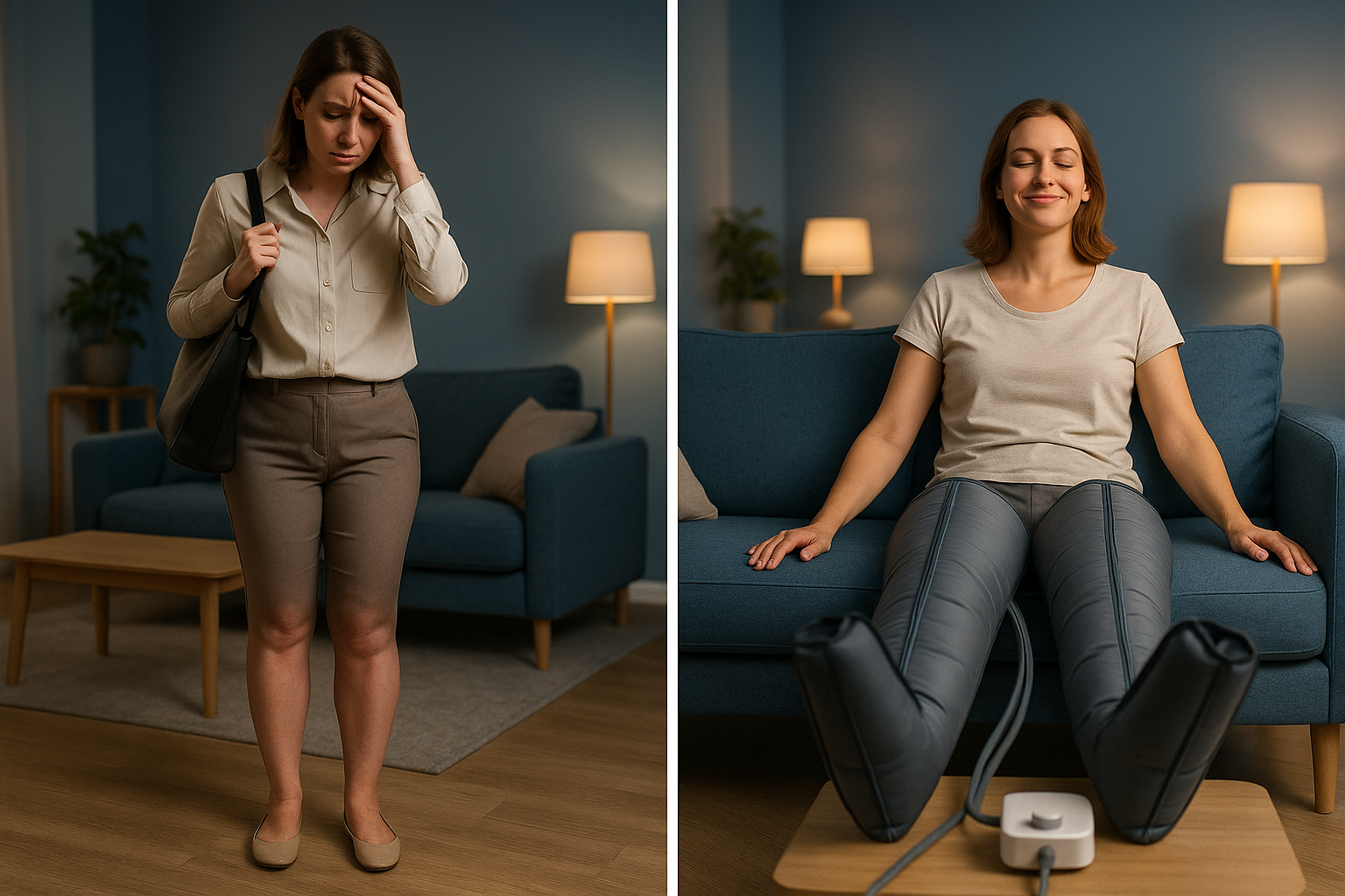 Une femme d'une trentaine d'années, épuisée après une longue journée de travail, rentre chez elle avec des jambes visiblement gonflées et lourdes, mais son expression se transforme en soulagement total après une session de pressothérapie : elle est assise confortablement, les jambes détendues et légères, un sourire serein sur le visage, dans un salon moderne aux tons bleus apaisants, éclairage doux avec une rim light soulignant son bien-être retrouvé, composition en règle des tiers, photoréaliste haute résolution, ambiance aspirationnelle de détente quotidienne.