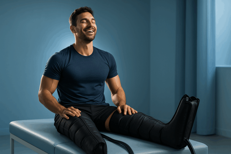 Une image photoréaliste haute résolution d'un sportif intermédiaire à avancé, un homme d'environ 30 ans athlétique, assis dans un cadre moderne et serein avec des nuances de bleu apaisantes en arrière-plan, portant des bottes de pressothérapie gonflables sur les jambes, exprimant un soulagement profond et une énergie renouvelée sur son visage, avec un éclairage doux et contrasté créant une rim light autour de lui, composition selon la règle des tiers où il est centré sans être coupé, ambiance professionnelle et rassurante illustrant la transformation de la fatigue post-entraînement en vitalité, sans aucun texte.