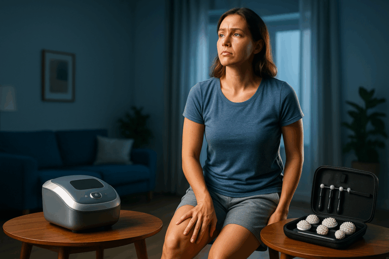 Une femme d'une trentaine d'années, debout dans un salon lumineux et moderne, exprime une frustration visible en massant ses jambes lourdes après une longue journée, son visage marqué par l'inconfort et l'hésitation face à deux options posées sur une table : une machine de pressothérapie compacte et élégante d'un côté, et un kit de massage manuel professionnel de l'autre. Elle regarde vers l'horizon avec un espoir aspirationnel de bien-être et d'amincissement durable, corps habillé en tenue décontractée neutre et confortable. Composition selon la règle des tiers, éclairage dramatique avec rim light soulignant son expression émotionnelle, photoréalisme haute résolution indiscernable d'une photo professionnelle, palette dominée par des nuances de bleu apaisantes pour une ambiance rassurante et eye-catching comme une vignette YouTube.