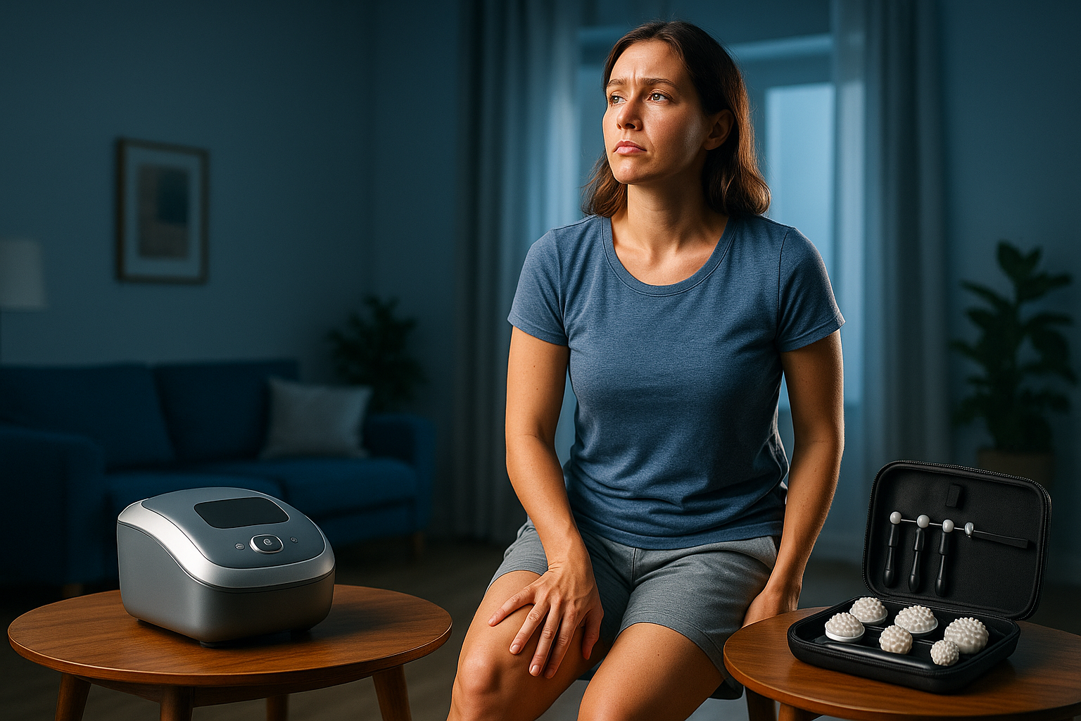 Une femme d'une trentaine d'années, debout dans un salon lumineux et moderne, exprime une frustration visible en massant ses jambes lourdes après une longue journée, son visage marqué par l'inconfort et l'hésitation face à deux options posées sur une table : une machine de pressothérapie compacte et élégante d'un côté, et un kit de massage manuel professionnel de l'autre. Elle regarde vers l'horizon avec un espoir aspirationnel de bien-être et d'amincissement durable, corps habillé en tenue décontractée neutre et confortable. Composition selon la règle des tiers, éclairage dramatique avec rim light soulignant son expression émotionnelle, photoréalisme haute résolution indiscernable d'une photo professionnelle, palette dominée par des nuances de bleu apaisantes pour une ambiance rassurante et eye-catching comme une vignette YouTube.