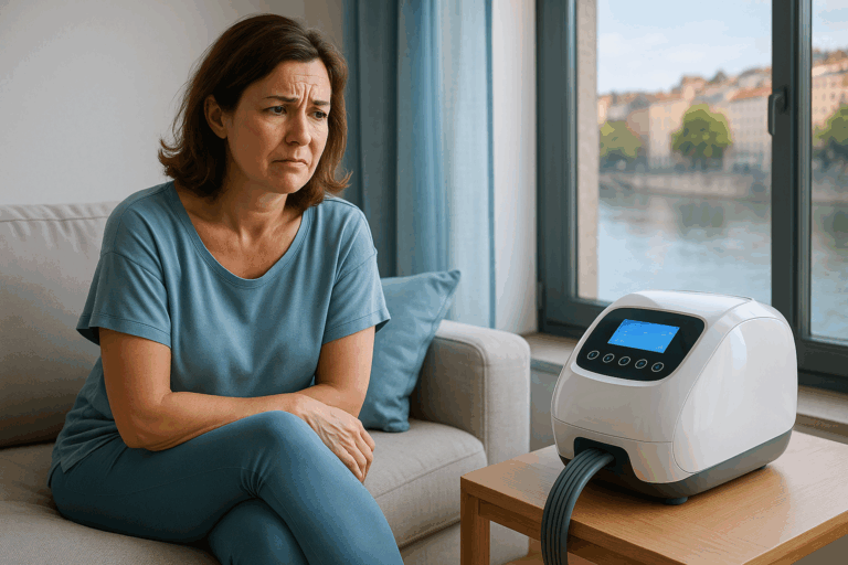 Une femme lyonnaise d'environ 40 ans, au visage expressif montrant un mélange de frustration et d'espoir, assise dans un salon moderne et lumineux avec vue sur la Saône, portant une tenue confortable comme un legging et un haut ample en tons bleus doux, les jambes légèrement croisées pour évoquer des inconforts circulatoires, éclairage naturel doux avec des accents de bleu ciel filtrant par la fenêtre, composition en règle des tiers où elle occupe le tiers gauche, regard dirigé vers l'appareil de pressothérapie élégant et high-tech placé sur une table à droite, photoréaliste haute résolution avec textures réalistes du tissu et de la peau, ambiance aspirationnelle et rassurante pour illustrer le désir d'une solution non invasive à l'amincissement.