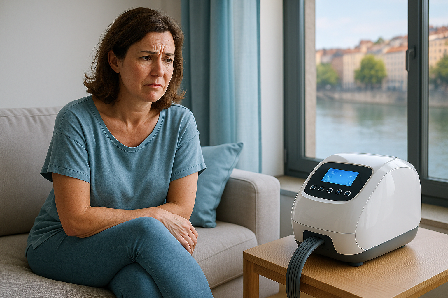 Une femme lyonnaise d'environ 40 ans, au visage expressif montrant un mélange de frustration et d'espoir, assise dans un salon moderne et lumineux avec vue sur la Saône, portant une tenue confortable comme un legging et un haut ample en tons bleus doux, les jambes légèrement croisées pour évoquer des inconforts circulatoires, éclairage naturel doux avec des accents de bleu ciel filtrant par la fenêtre, composition en règle des tiers où elle occupe le tiers gauche, regard dirigé vers l'appareil de pressothérapie élégant et high-tech placé sur une table à droite, photoréaliste haute résolution avec textures réalistes du tissu et de la peau, ambiance aspirationnelle et rassurante pour illustrer le désir d'une solution non invasive à l'amincissement.