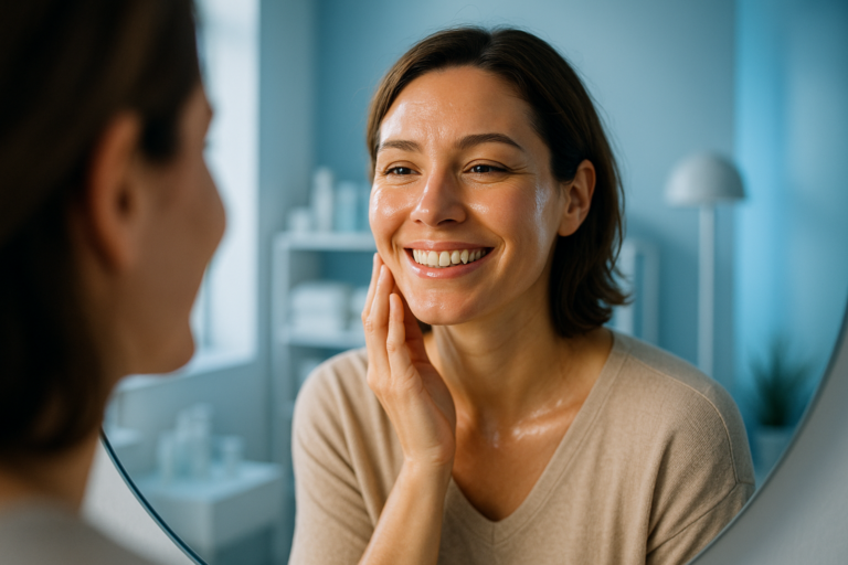 Une femme pragmatique d'une trentaine d'années, originaire de Villeurbanne, au visage illuminé par un sourire confiant et soulagé, se regardant dans un miroir dans un institut de beauté moderne et lumineux. Elle touche doucement sa peau éclatante et hydratée, symbolisant la transformation après un bilan beauté personnalisé gratuit. Ambiance aspirationnelle avec des nuances de bleu apaisantes en arrière-plan, éclairage doux et contrasté pour un effet rim light, composition selon la règle des tiers avec le visage centré mais pas sur les bords, photoréalisme haute résolution sans aucun texte.