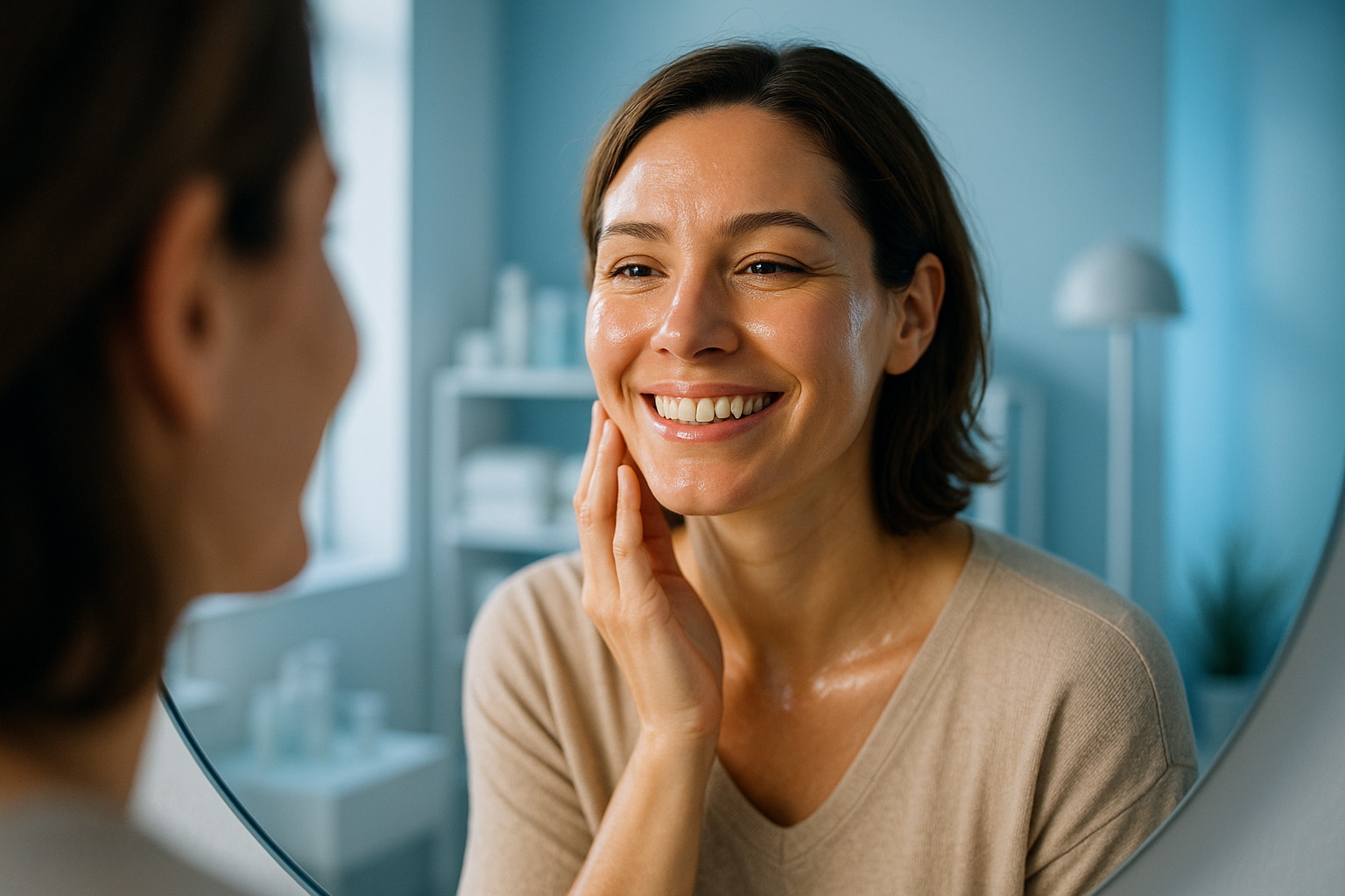 Une femme pragmatique d'une trentaine d'années, originaire de Villeurbanne, au visage illuminé par un sourire confiant et soulagé, se regardant dans un miroir dans un institut de beauté moderne et lumineux. Elle touche doucement sa peau éclatante et hydratée, symbolisant la transformation après un bilan beauté personnalisé gratuit. Ambiance aspirationnelle avec des nuances de bleu apaisantes en arrière-plan, éclairage doux et contrasté pour un effet rim light, composition selon la règle des tiers avec le visage centré mais pas sur les bords, photoréalisme haute résolution sans aucun texte.