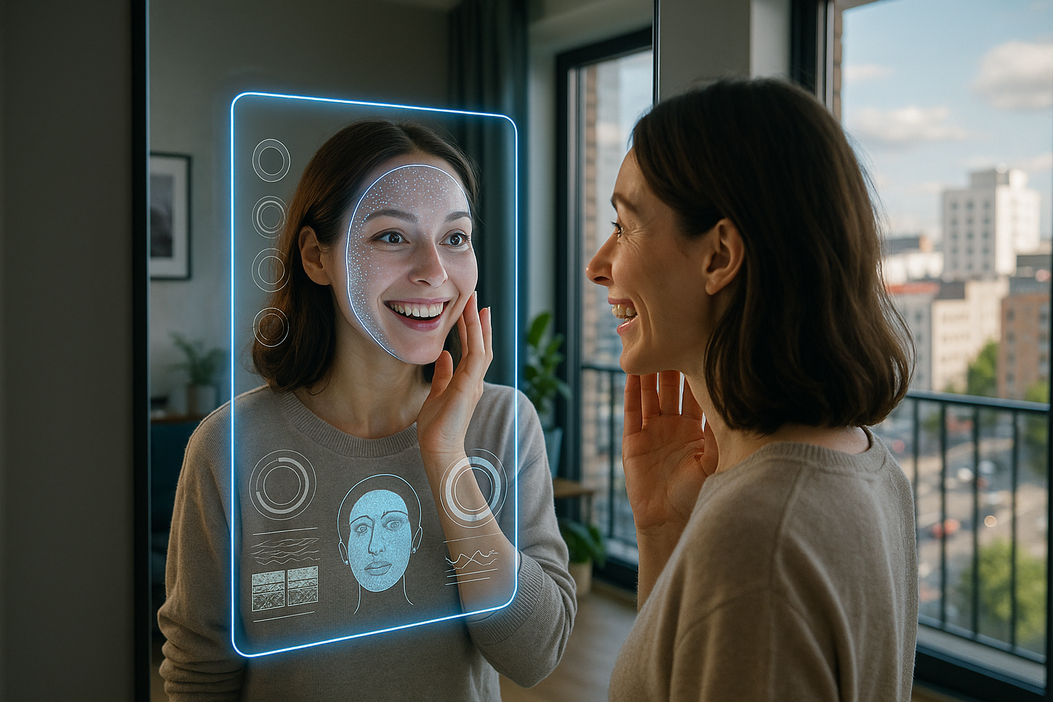 Une jeune femme urbaine de 30 ans, aux cheveux châtains mi-longs, debout dans un appartement moderne à Villeurbanne avec vue sur la ville animée, examine son reflet dans un miroir intelligent high-tech affichant une analyse de peau personnalisée via IA, son expression passe de la frustration à l'émerveillement et au soulagement, éclairage naturel doux avec accents bleus apaisants sur les bords de l'écran, composition en règle des tiers avec le visage centré, photoréaliste haute résolution, ambiance aspirationnelle et transformative, sans texte visible.