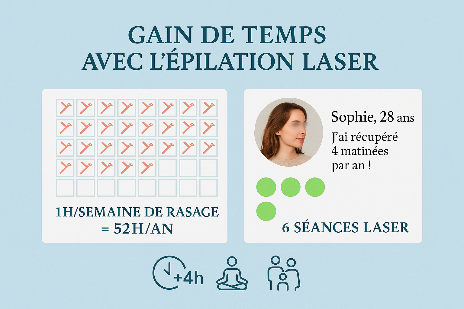 Infographie professionnelle sur fond bleu pastel illustrant l'économie de temps avec l'épilation laser. Comparaison visuelle : à gauche, calendrier avec 52 cases barrées (1h/semaine de rasage = 52h/an) symbolisées par des rasoirs rouges ; à droite, 6 séances laser matérialisées par des pastilles vertes lumineuses. Encadré client avec photo anonymisée : 'Sophie, 28 ans : J’ai récupéré 4 matinées par an !'. Icônes minimalistes (montre +4h, yoga, temps en famille). Typographie moderne Chaparral Pro, règle des tiers strictement appliquée, espace négatif équilibré.