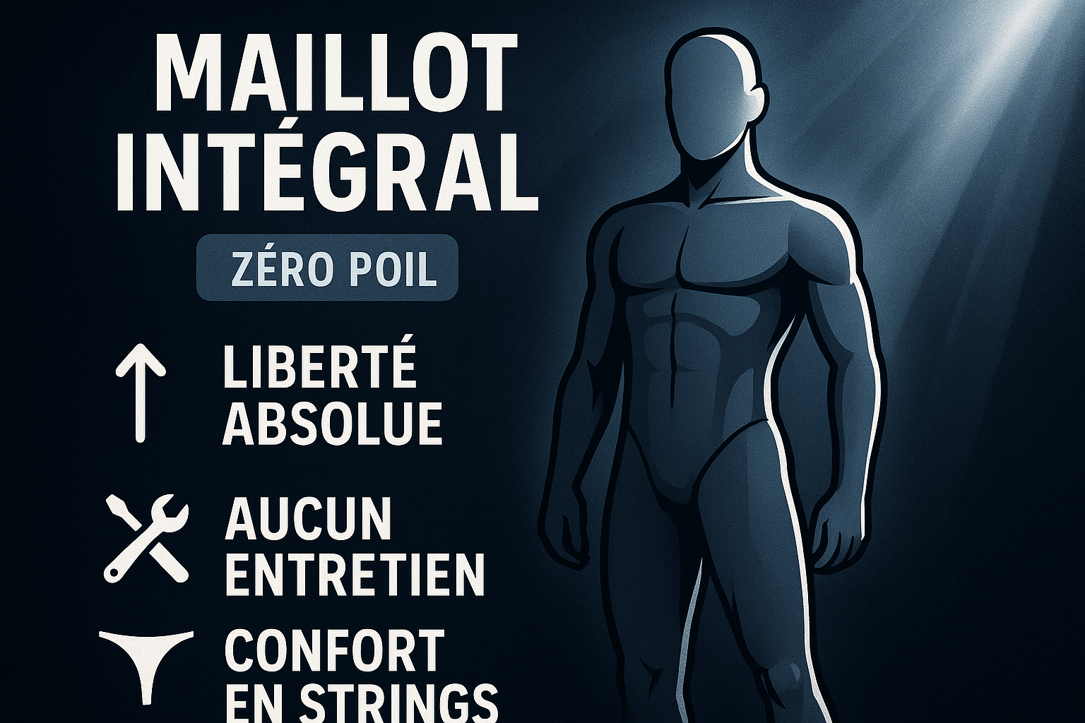 Infographie explicative du 'Maillot Intégral' : représentation stylisée de zéro poils avec vêtements ajustés, bénéfices 'Liberté absolue', 'Aucun entretien', 'Confort en strings'. Palette de bleu foncé et argent, design moderne avec effets de lumière dramatique, caractères de texte propres et professionnels pour une compréhension immédiate.