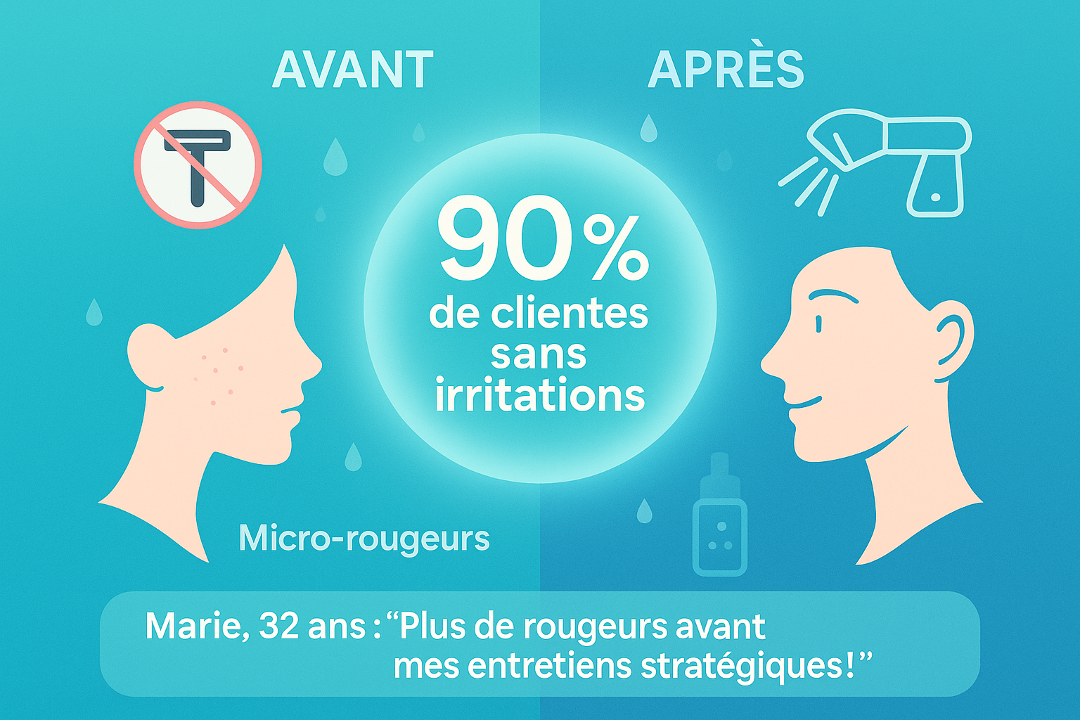 Infographie épurée en dégradé bleu-turquoise montrant schéma avant-après subtil. À gauche : peau avec micro-rougeurs discrètes et pictogramme 'rasage' barré en rouge. À droite : peau lisse stylisée avec logo laser et déodorant flottant. Cercle central lumineux : '90% de clientes sans irritations'. Témoignage intégré dans la zone des tiers inférieurs : 'Marie, 32 ans : Plus de rougeurs avant mes entretiens stratégiques !'. Design équilibré avec gouttes d'eau évaporées symbolisant la fraîcheur, typographie lisible sans éléments médicaux.