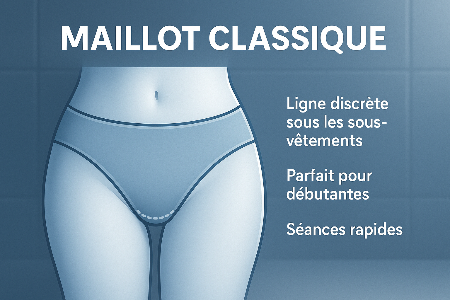 Infographie professionnelle expliquant le 'Maillot Classique' : schéma de culotte avec ligne nette sous la ceinture, points clés 'Ligne discrète sous les sous-vêtements', 'Parfait pour débutantes', 'Séances rapides'. Palette de bleus apaisants, design épuré avec contraste élevé, rim light pour un style vignette YouTube. Texte lisible et minimaliste, arrière-plan clinique moderne.