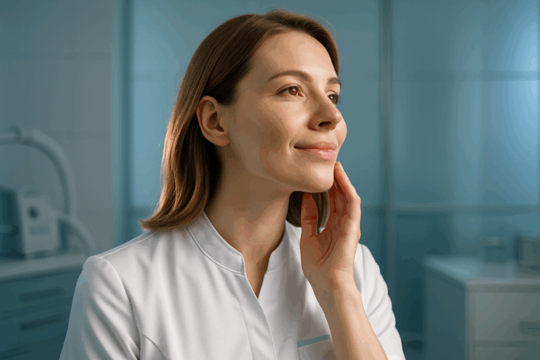 Photorealistic close-up of a 30-year-old woman with light brown hair and fair skin wearing a crisp white medical tunic with subtle blue accents, sitting confidently in a modern clinic. Soft natural lighting highlights her smooth jawline as she touches her hair-free skin with a relieved, hopeful expression. Rim light outlines her profile against a minimalist backdrop of blue-toned equipment and frosted glass partitions. Professional yet warm atmosphere emphasizing trust and scientific precision, muted cool color palette with ceramic textures and stainless steel details.