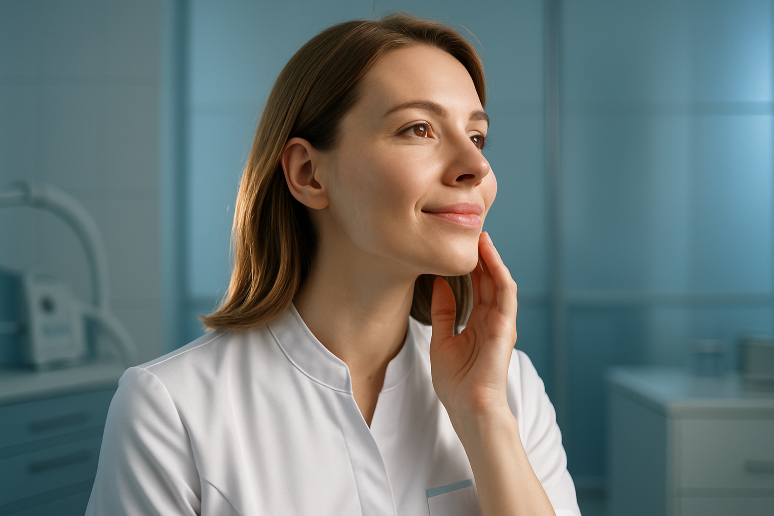 Photorealistic close-up of a 30-year-old woman with light brown hair and fair skin wearing a crisp white medical tunic with subtle blue accents, sitting confidently in a modern clinic. Soft natural lighting highlights her smooth jawline as she touches her hair-free skin with a relieved, hopeful expression. Rim light outlines her profile against a minimalist backdrop of blue-toned equipment and frosted glass partitions. Professional yet warm atmosphere emphasizing trust and scientific precision, muted cool color palette with ceramic textures and stainless steel details.