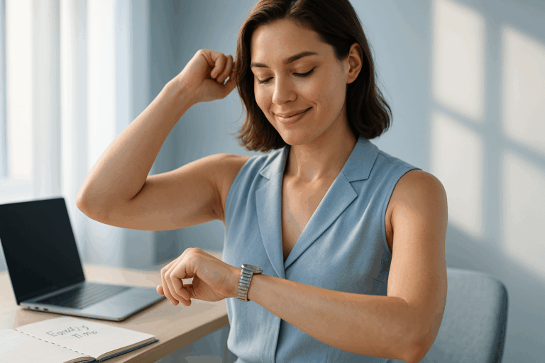 Photorealistic portrait of a confident woman in her late 20s wearing a tailored light blue sleeveless blouse, standing in a sunlit modern workspace. She raises her arm naturally while checking her wristwatch with a relaxed smile, subtly revealing smooth underarms without focus on the area. Rim lighting accentuates her silhouette against a minimalist background (laptop, planner marked 'family time'). Calming blue-white palette with_SOFT_accents, 8K resolution, professional photography style capturing liberation from daily hair removal routines. Natural skin texture, authentic expression of time regained, zero medical equipment visible.
