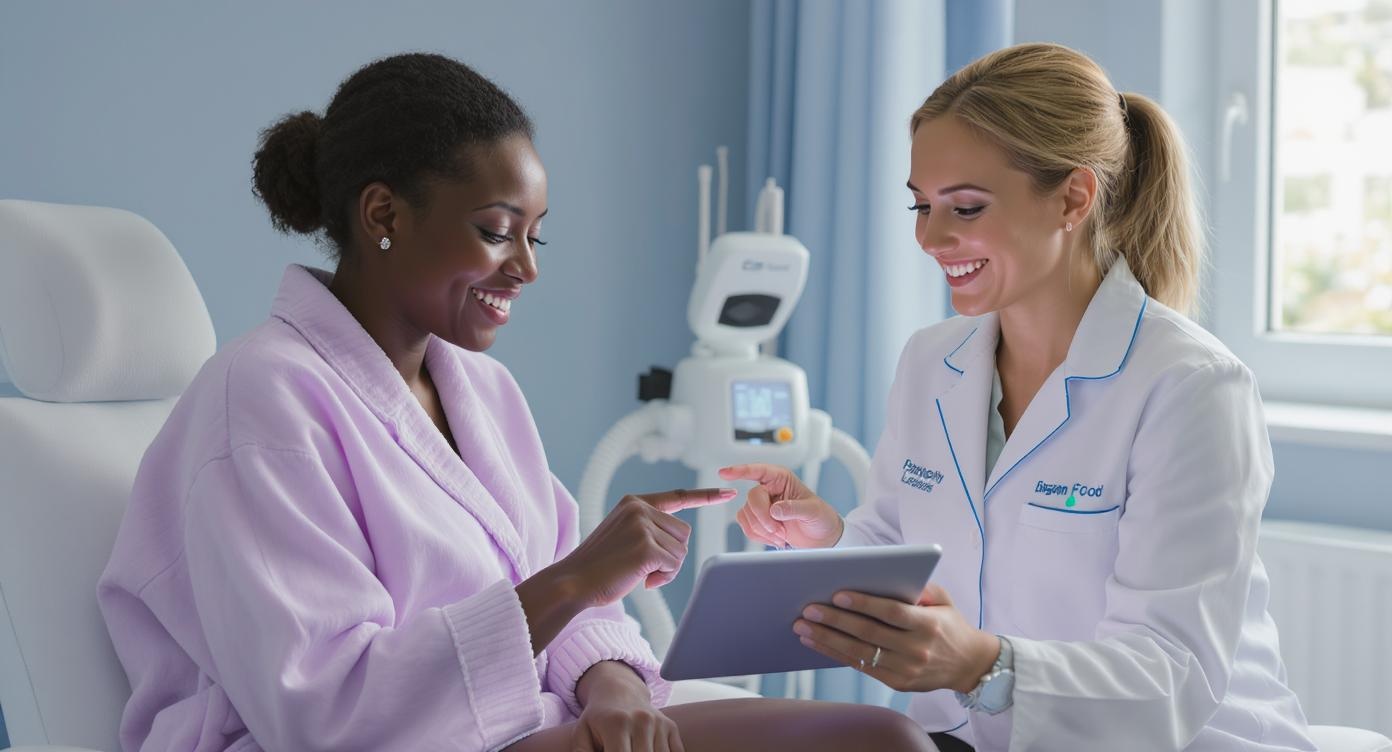 African woman in a lavender medical robe leaning forward comfortably during consultation at Cryo Institut, making eye contact with a female laser specialist wearing blue-trimmed lab coat. Specialist points at a neutral body diagram on tablet showing illuminated zones (legs, underarms) with color-coded indicators, both smiling genuinely. Calm blue-grey environment with minimalist decor, warm window lighting emphasizing trust and expertise. Photorealistic medium close-up with perfect anatomical details and professional posture.