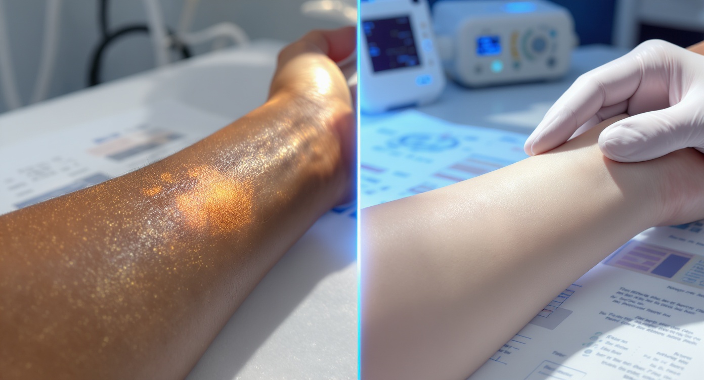 Photorealistic split-screen of two women's forearms in clinical setting: left side shows dark hair on medium-brown skin (optimal laser candidate) with glowing golden follicles under soft light, right side displays fine blonde hairs on fair skin (challenging case) with scattered light reflection. Professional esthetician's gloved hand pointing at skin diagrams with blue-toned devices in background. Dramatic rim lighting highlighting hair/skin contrast, cool blue accents in clinic decor, shallow depth of field. Crisp 8K details showing realistic skin texture without medical charts or text, seamless composition following rule of thirds.