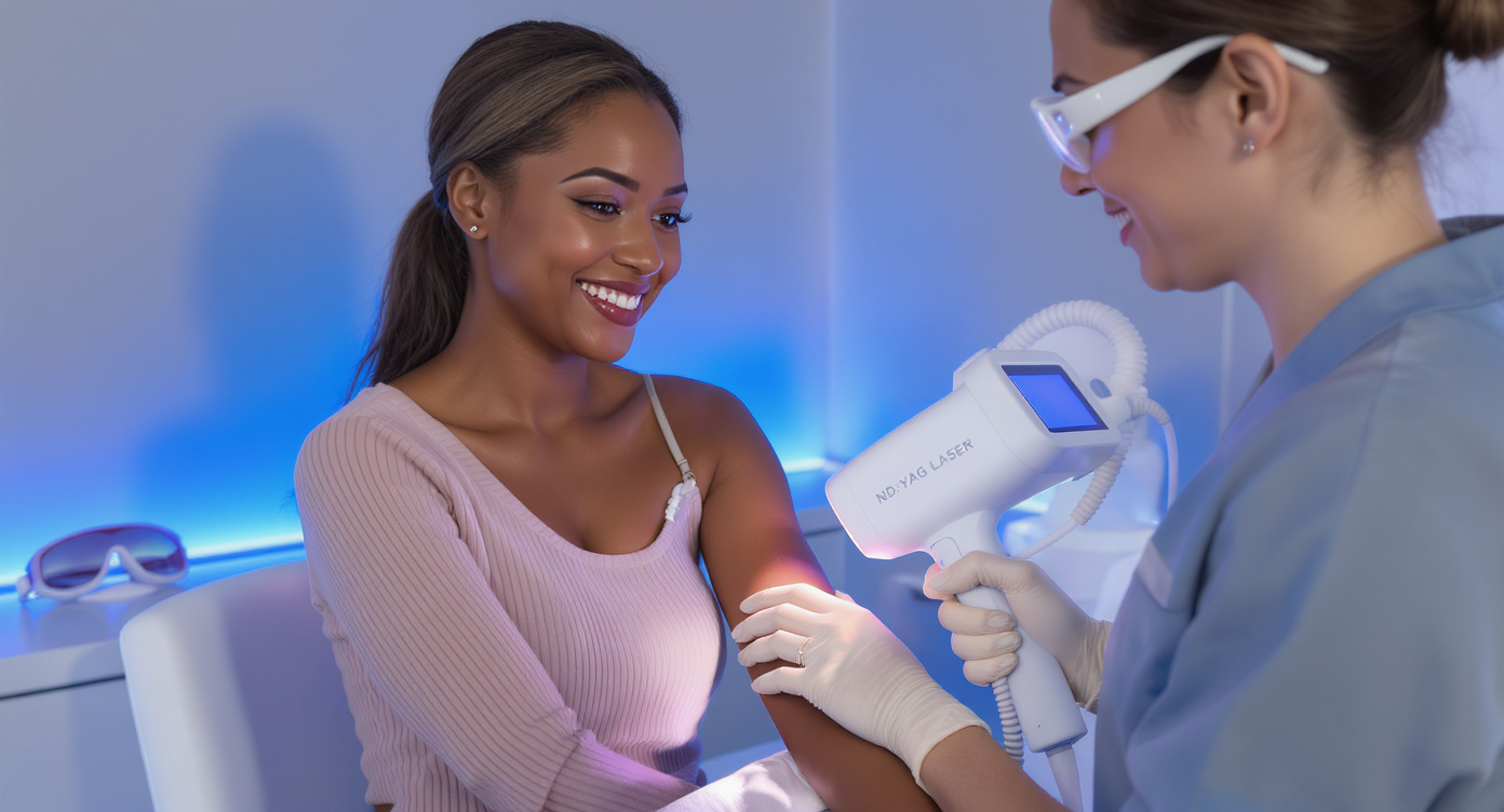 Medium shot of a woman with warm brown skin tone smiling confidently during a laser consultation, her hand gently touching her lower arm as the aesthetician demonstrates wavelength adjustment on a modern Nd:YAG device (non-readable display). Soft blue ambient lighting in a clinical setting with visible safety goggles on counter, rim light emphasizing the professional's reassuring gesture. Photorealistic textures in skin and medical equipment, professional attire in neutral tones with blue accent on the practitioner's uniform. Rule of thirds composition showing inclusive technology adaptation, conveying the breakthrough that darker skin tones can now safely access laser treatments. No text elements, pure visual demonstration of personalized care.