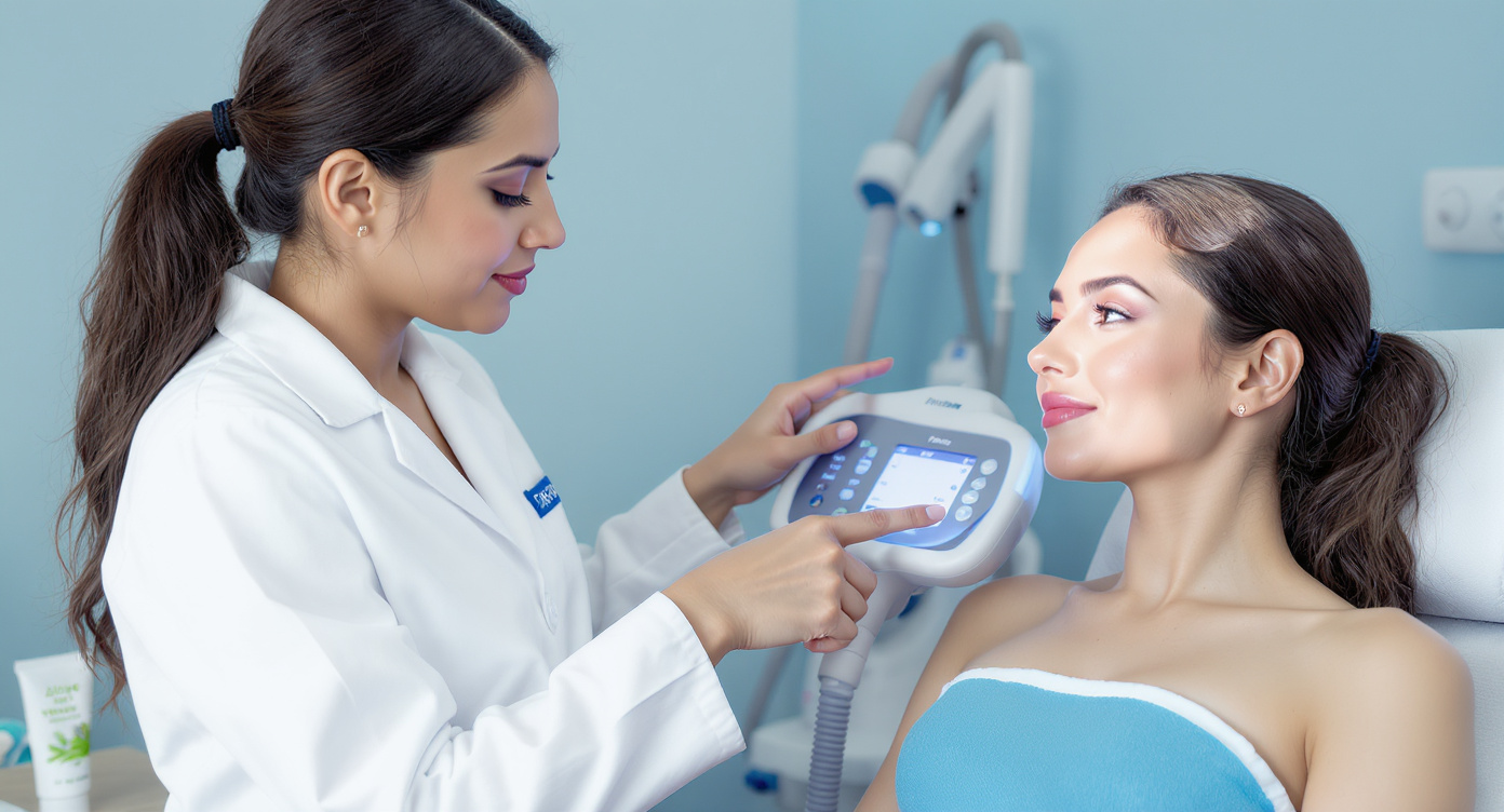Two-shot composition showing a diverse female client (light olive skin, 25 years) and technician in crisp white coats with blue logos. The technician demonstrates a Triton laser device