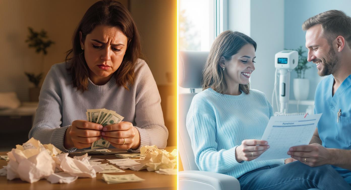Split-screen photorealistic scene: Left side shows a woman in light blue sweater anxiously counting cash with frowny expression, piles of crumpled receipts labeled 'Cire' and 'Rasoir' at her feet. Right side shows same woman relaxed in clinic chair reviewing payment calendar with friendly practitioner, both smiling. Soft daylight through large windows, blue-toned minimalist decor with laser device visible in background. Golden rim light highlighting transition from stress to relief, ultra-detailed skin textures and fabric folds. Color contrast between warm anxious tones (left) and cool calming blues (right) --ar 16:9
