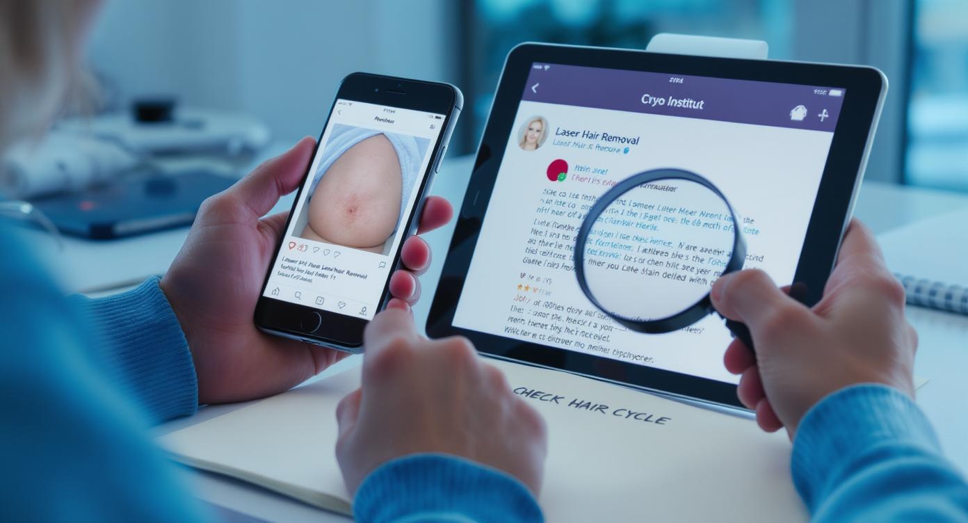 Close-up photorealistic shot of hands in professional blue sweater sleeves analyzing smartphone and tablet displaying contrasting laser hair removal reviews. Smartphone shows overly glossy before/after photo with visible digital retouching artifacts (excessive skin smoothing), tablet reveals authentic testimonial with subtle clues: faint redness on bikini line area, '18-month touch-up' mention barely legible. Magnifying glass rests on tablet screen highlighting '6 séances insuffisantes' watermark. Cool blue ambient lighting from clinic window, shallow depth of field focusing on textured paper notes with handwritten 'VÉRIFIER CYCLE PILAIRE' in French. Rim light accentuates concentrated expression unseen but implied by posture. 8K resolution, dermatologist office background with Cryo Institut logo subtly visible on appointment book.