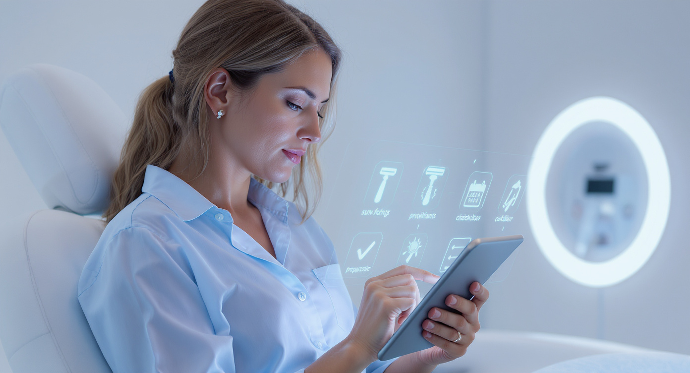 Photorealistic scene of a woman in her 30s carefully reviewing a digital checklist with precaution icons (sun avoidance symbol, razor icon, calendar marker) on a tablet in a modern clinic. Her focused expression shows empowered preparation, soft blue lighting accents matching her professional blouse. Clean background with Cryo Institut's signature minimalist aesthetic showing treatment chair in soft focus, rim lighting highlighting her calm determination. Rule of thirds composition, shallow depth of field emphasizing symbolic icons, pastel blue and white color scheme with subtle cooling tones, ultra-detailed skin texture showing healthy preparation, professional photography style at 8K resolution.