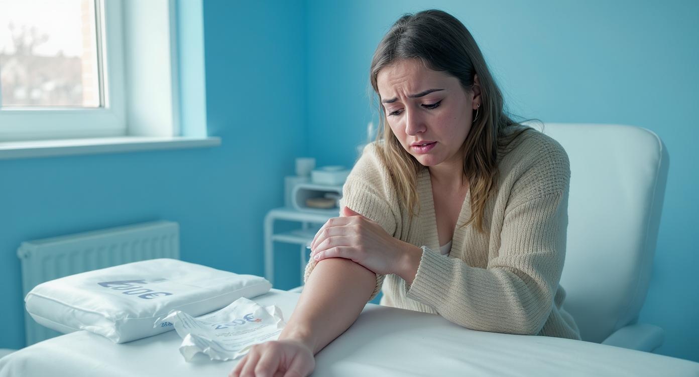 A young woman in a beige cardigan anxiously touching her forearm with subtle redness, seated on a clinical examination table in a sterile room with blue-tinted walls. Soft natural light from a window highlighting her worried expression, crumpled flyer with blurred '29€' text on the floor. Photorealistic skin texture showing mild irritation, medium shot maintaining professional framing, cool blue undertones emphasizing emotional vulnerability without explicit medical details.