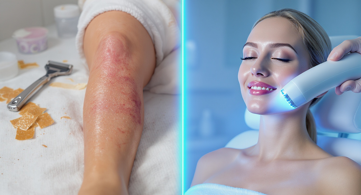 Split-screen photorealistic scene: left side shows chaotic bathroom counter with razor, wax strips and irritated skin (lower leg close-up, SFW). Right side features calm clinic environment with modern laser device gliding over smooth skin under soft blue lighting. Center glowing blue divide symbolizes journey from temporary to durable results. Natural skin texture, 4:5 aspect ratio for social media, cool blue dominant palette with white accents. Rim light separates both realities, woman's relieved expression conveying transformation. Professional photography style with shallow depth of field, focus on skin texture contrast.