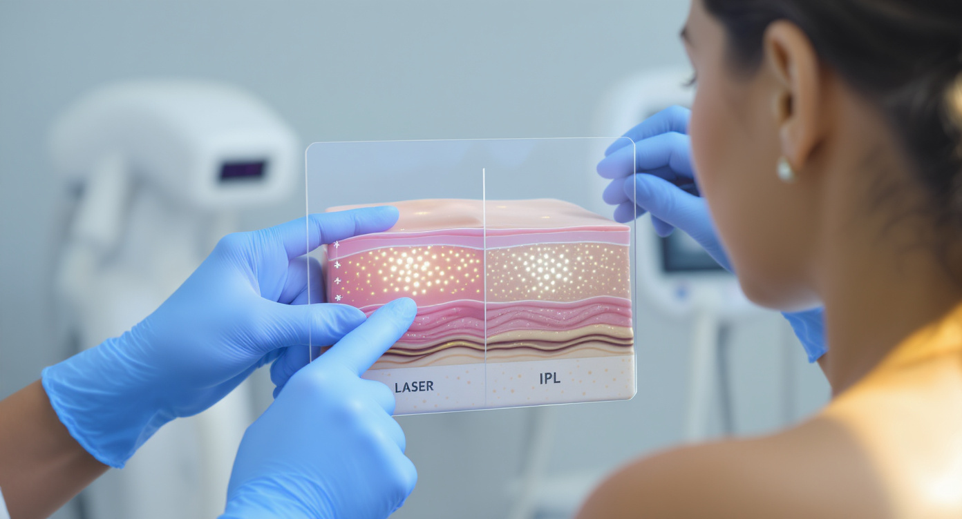 Photorealistic clinic scene showing a dermatologist in blue latex gloves pointing to a skin model displaying two treatment progress indicators: left side shows 7 subtle gold dots (laser sessions), right side shows 12 silver dots (IPL sessions). A light-skinned female patient observes with engaged expression under soft directional lighting that creates rim light on her shoulder. Cool-toned medical environment with blurred laser/IPL devices in background, all visual elements communicating efficacy comparison without readable text.