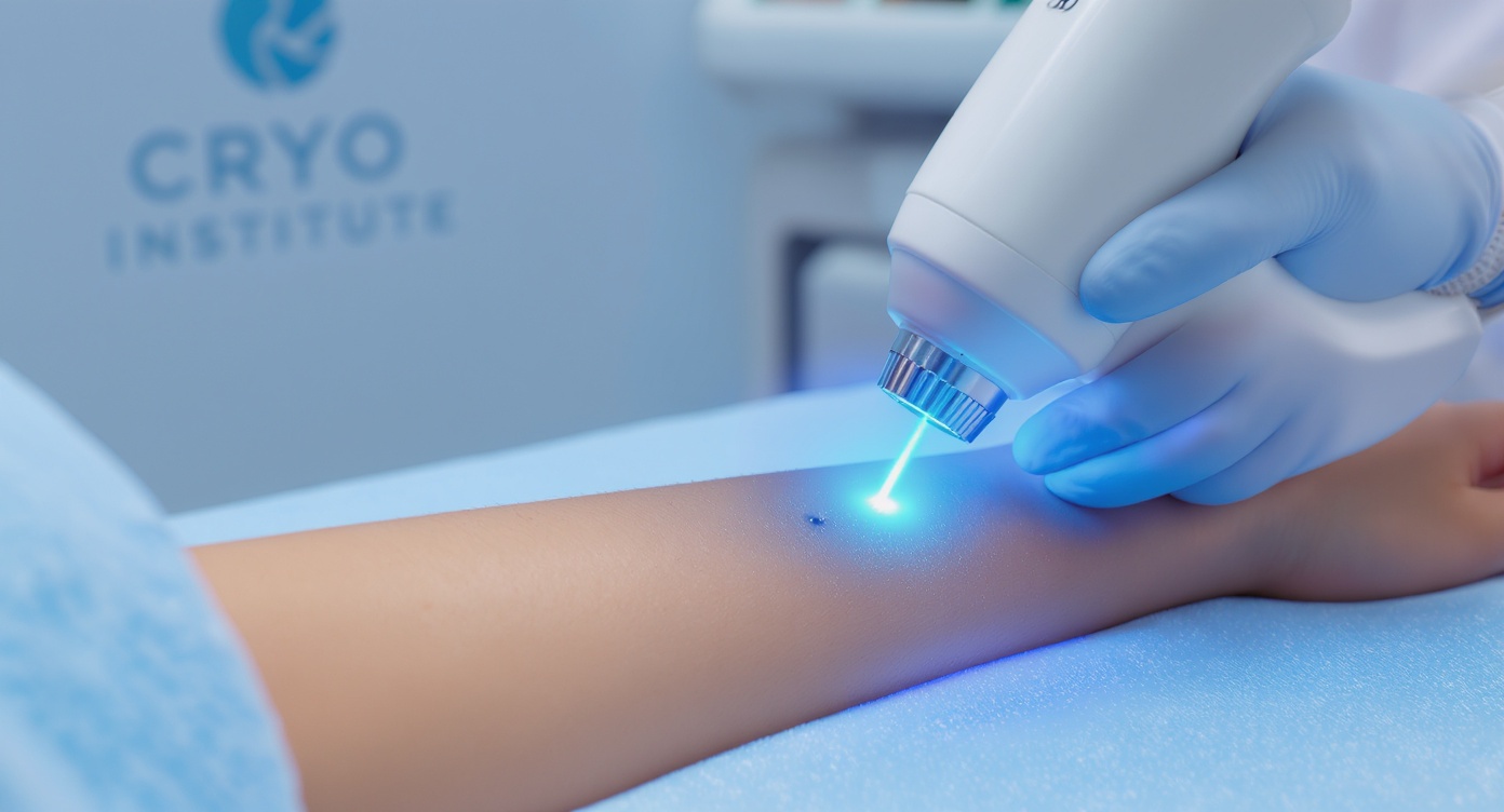 Photorealistic medium shot of a woman's forearm resting on blue linen in professional clinic setting, soft diffused lighting with cool blue hue dominance. Precision laser device emitting a focused beam of cerulean light targeting dark hair follicle, illustrated by subtle thermal glow concentrated at root level without skin surface damage. Visible safety features: dermatologist's gloved hand adjusting settings on modern machine with LED display. Clean background showing Cryo Institut logo subtly on wall, rim light effect creating depth. Natural skin texture with zero irritation signs, color palette of glacier blue, medical white and warm beige. 8K resolution capturing fabric weave details and laser beam refraction in air.