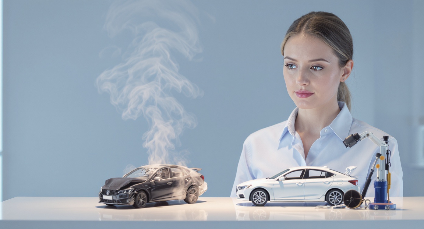 A poised woman in her late 20s wearing a light blue professional blouse stands in a modern aesthetic clinic, thoughtfully observing two miniature car models: one broken down with visible smoke and cracked windshield representing 'zero maintenance myth', another pristine car receiving gentle servicing symbolizing 'low-maintenance reality'. Soft cool-toned lighting with golden rim light accentuating her calm expression, clean background in serene blues, photorealistic 8K detail capturing fabric textures and metallic reflections, rule of thirds composition focusing on her confident posture and the symbolic analogy, neutral facial expression conveying scientific clarity without emotional exaggeration.