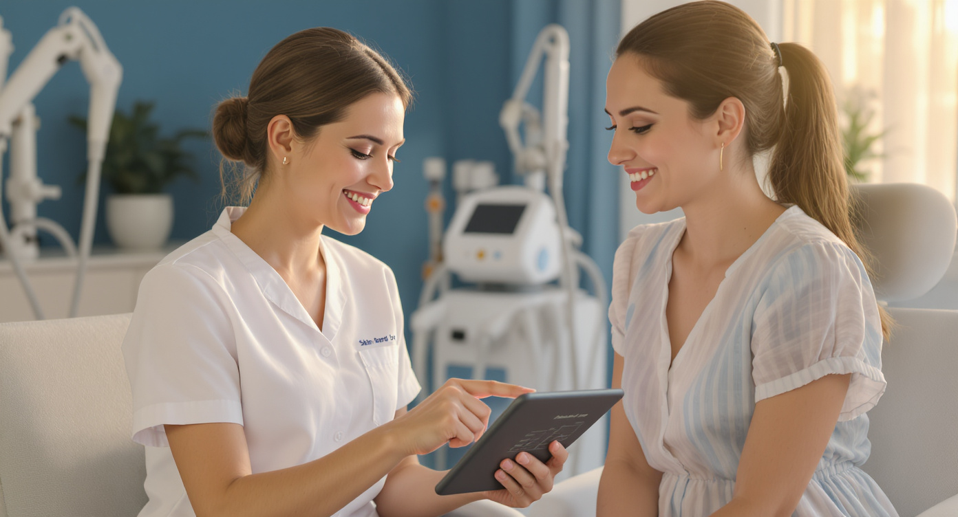 A female laser specialist in a modern clinic points to a tablet showing a personalized treatment plan, with skin tone chart and hair density analysis visible. Relaxed client in modest summer dress listens attentively, both smiling with natural trust. Calming blue-accented decor with visible laser equipment in soft focus background, golden hour lighting creating rim light on subjects. Photorealistic skin textures, professional yet warm atmosphere, rule of thirds composition emphasizing the collaborative consultation moment. No medical jargon visible, focus on personalized care experience.
