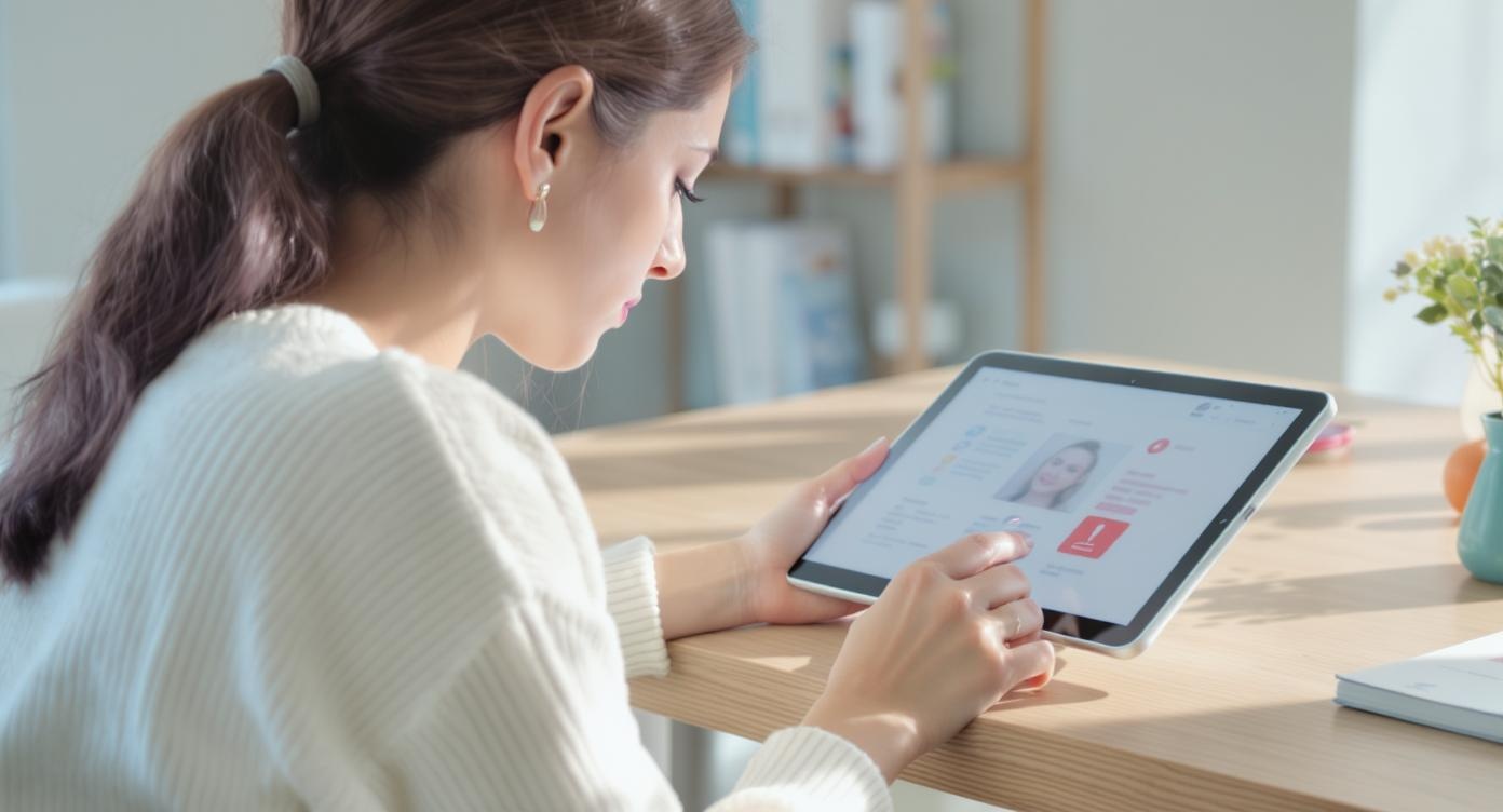 A focused woman in a cream sweater examining two digital tablets on a light oak desk: one screen shows an overly smoothed before/after photo with artificial glow (no visible text), the other displays blurred red warning symbols over faint negative feedback icons. Soft daylight with cool blue undertones illuminates her skeptical expression, rim light highlighting her shoulder contour, shallow depth of field showing out-of-focus beauty clinic brochures in background, modern minimalist office setting with pale blue accents on shelves, photorealistic style capturing textile textures in clothing and wood grain, 8K resolution adhering to rule of thirds composition.