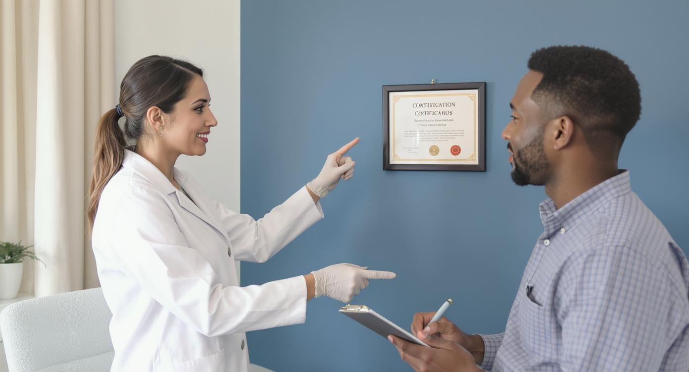 A professional female laser specialist in her 30s wearing a pristine white coat explains training certifications to a diverse client in a consultation room. Soft daylight illuminates a modern clinic interior with blue accent walls and minimalist furniture. The specialist points at a wall-mounted certification diploma while the client takes notes on a clipboard. Photorealistic details: natural skin textures, crisp clothing folds, warm clinical ambiance. Rule of thirds composition with rim light highlighting both faces, conveying expertise and trust. Medium shot maintaining professional distance, all subjects fully visible without anatomical emphasis.