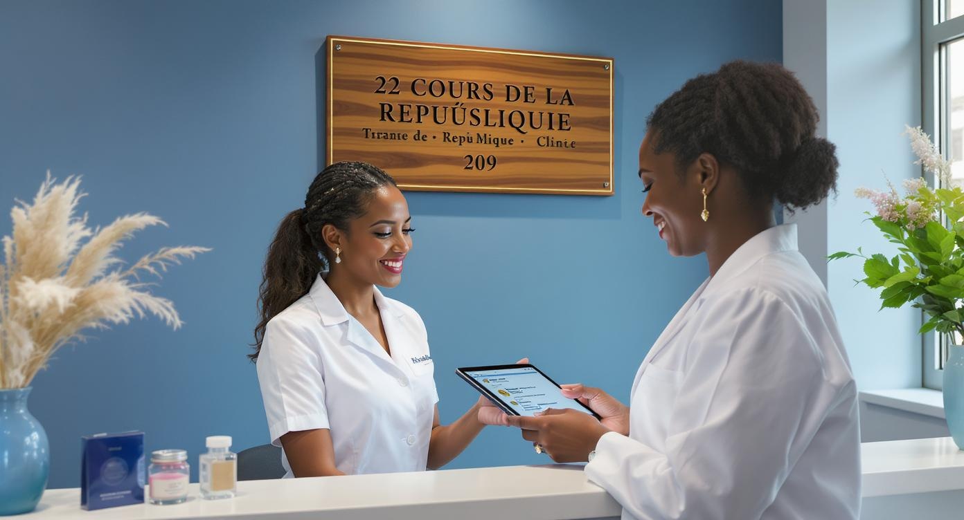 Modern aesthetic clinic reception with minimalist blue-toned decor, featuring a polished wooden plaque displaying \
