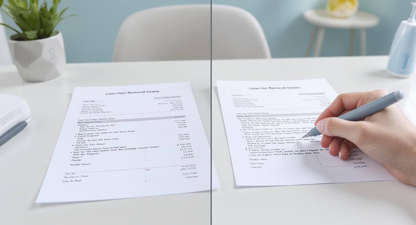 Side-by-side comparison of two laser hair removal quotes on a pristine white desk in Cryo Institut's modern aesthetic clinic, with pale blue accent walls and contemporary decor. Left side displays a transparent quote with specific treatment areas clearly defined, included sessions count prominently listed, warranty period specified, and exact laser technology identified. Right side reveals a vague quote with ambiguous terms, missing details, and hidden fees hidden in small print. A professionally manicured hand points to the trustworthy quote with a checkmark pen, emphasizing key differentiators. Soft natural lighting illuminates the documents, highlighting photorealistic paper texture and handwritten annotations. Shallow depth of field focuses on the critical differences between genuine and deceptive offers, capturing the essence of how to decoder quotes properly while maintaining Cryo Institut's professional atmosphere.