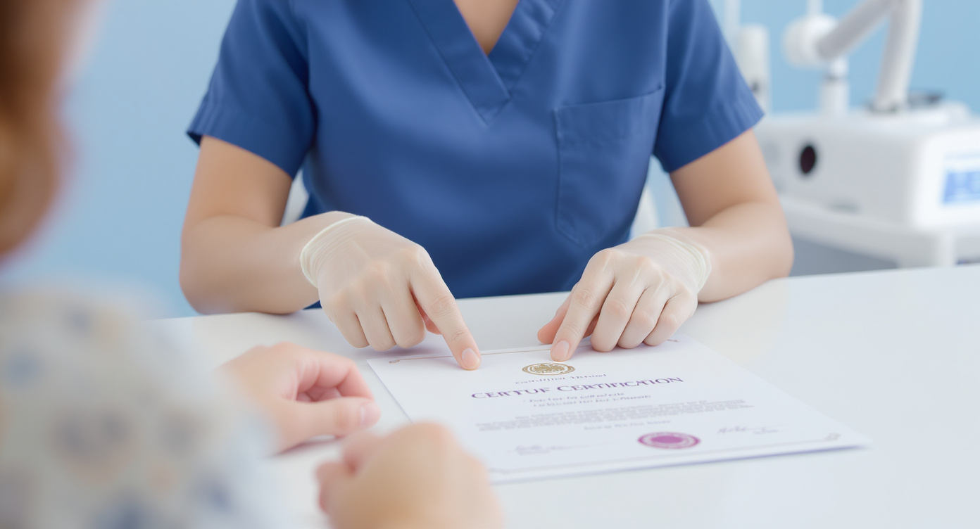Close-up of clean hands presenting an official certification document with embossed seal (no readable text) on a white desk in a modern clinic. A female laser specialist in blue scrubs points at the document with a reassuring smile while a client observes. Soft blue background with laser device visible in bokeh, natural lighting emphasizing transparency. Photorealistic style, sharp fabric textures, Canon EOS R6 Mark II, 50mm lens, f/2.2 aperture, conveying professional credibility without medical terms.