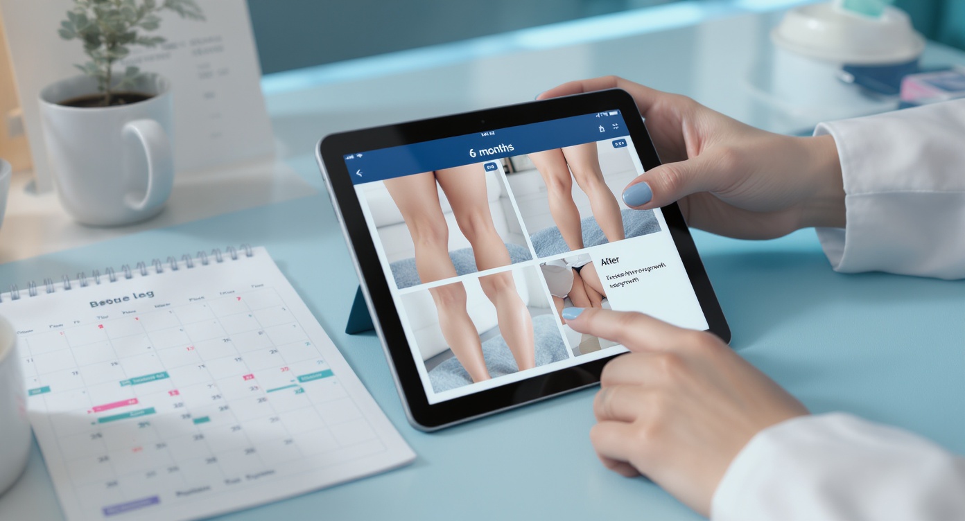 Photorealistic close-up of a modern aesthetic clinic table with soft blue ambient lighting. A woman's hand in a light blue manicure points to a tablet displaying dated before-and-after leg photos showing visible laser hair reduction progress over 6 months. Beside it, a printed calendar with highlighted recurring appointment dates and a coffee cup creating natural warmth. Professional aesthetician's hand in white coat sleeve gestures toward the '6 months no regrowth' timestamp. Shallow depth of field focusing on crisp tablet details and authentic skin texture, teal decor accents visible in blurred background. Natural daylight highlighting genuine smiles and trustful eye contact, rule of thirds composition with negative space on right side for text overlay. 8K resolution, no text elements, SFW professional setting.