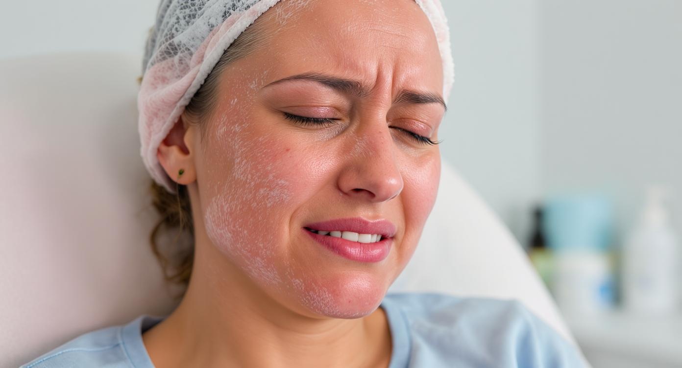 A photorealistic close-up of a young French woman in her late 20s visibly frustrated during traditional waxing, with slightly reddened skin showing irritation. She's wearing a light blue shirt that contrasts with her discomfort expression. Composition follows rule of thirds with her pained expression at the upper right intersection point. Professional clinic setting in Villeurbanne with waxing supplies visible in blurred background. Strong directional lighting highlights her facial expression to maximize emotional impact for a YouTube thumbnail. Completely SFW with appropriate professional setting, showing 'peau irritée' without medical terminology, capturing the real frustrations Lyonnais women experience with temporary solutions.