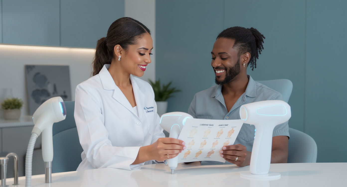 Professional aesthetician in medical-grade white coat demonstrating two modern laser devices to a diverse client with olive skin tone in a contemporary clinic setting. Visible difference between diode laser (marked with 'Lighter Skin' label) and alexandrite laser (marked 'Darker Skin' label) on clean surface. Clinic decor features subtle teal blue accents in furniture and wall panels. Client looks engaged while examining technical specifications brochure showing skin type chart. Soft directional lighting creates rim light effect on subject's face, conveying trust and expertise. Photorealistic details of skin texture and equipment interfaces, rule of thirds composition with negative space on right side, 8K resolution.